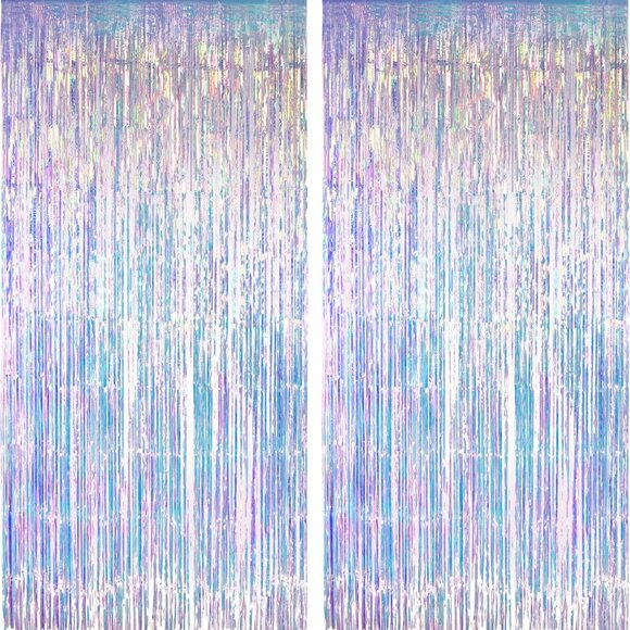 Iridescent Party Tinsel Fringe Backdrop Decorations - Holographic Foil Streamers - Picture 1 of 8